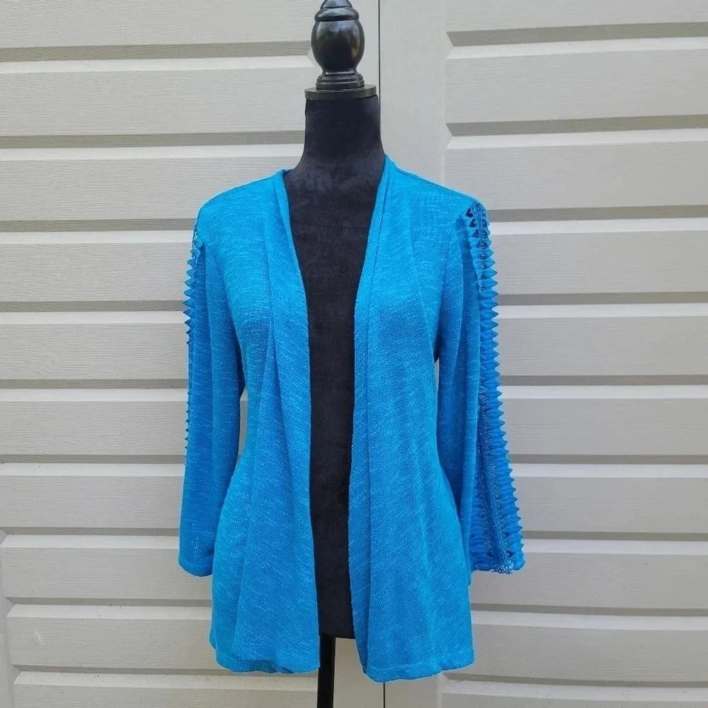 Studio Works Lightweight Knit Stretch Open Front Cardigan Blue Stretch Lace LA
